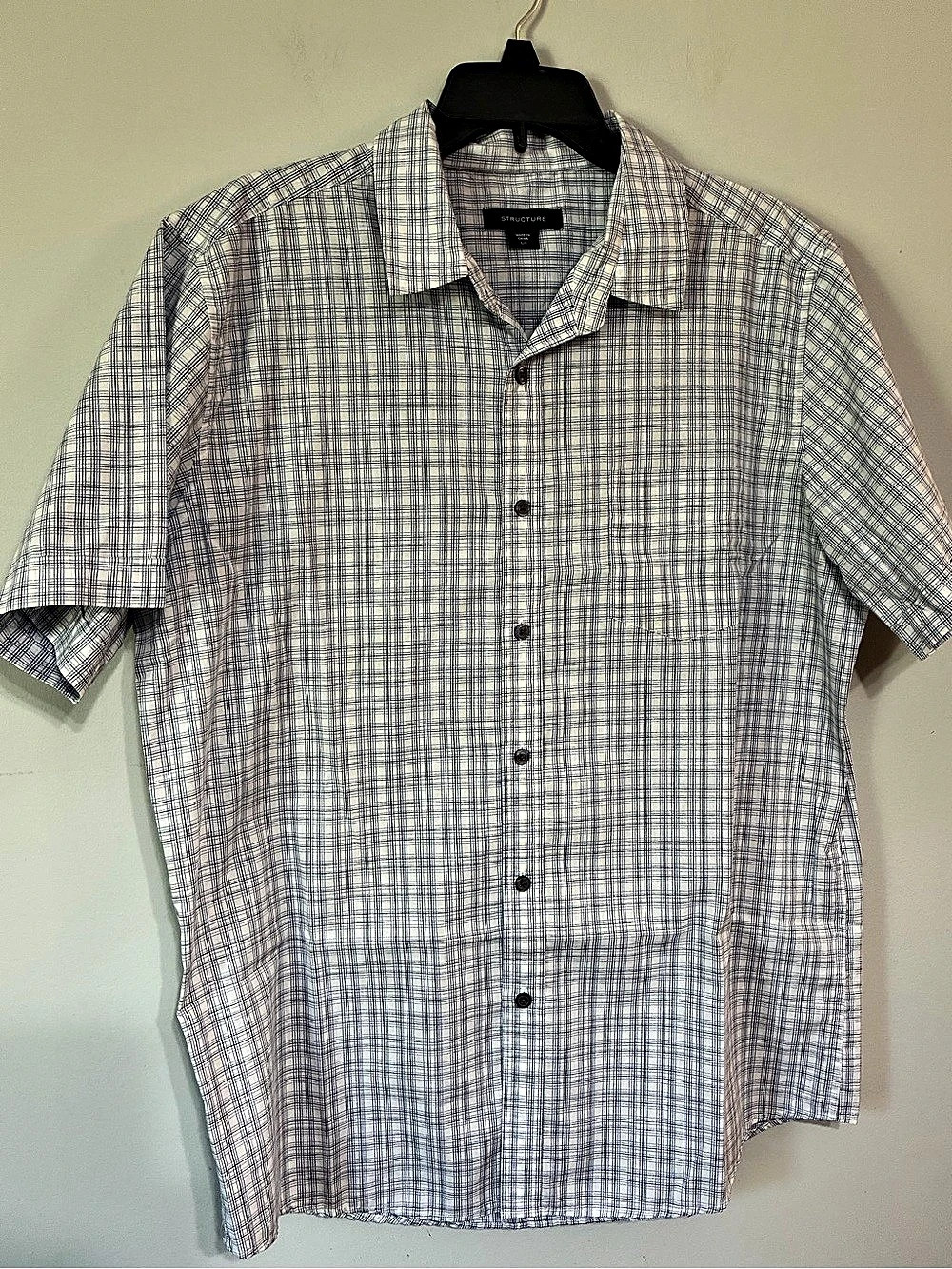 Structure Men's Plaid Short Sleeve Shirt White & Blue Large